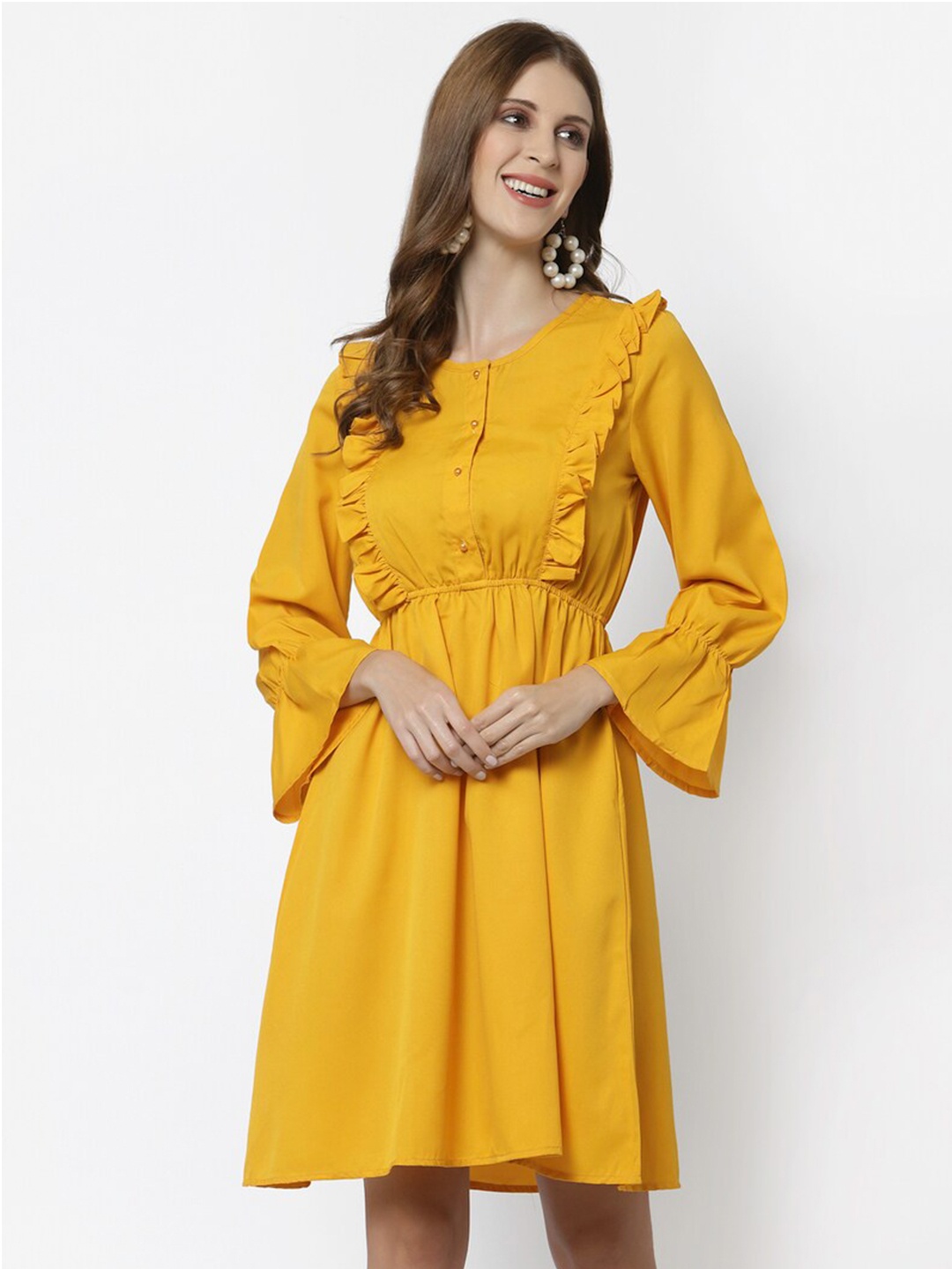 

Karmic Vision Puff Sleeve Georgette Fit & Flare Dress, Yellow