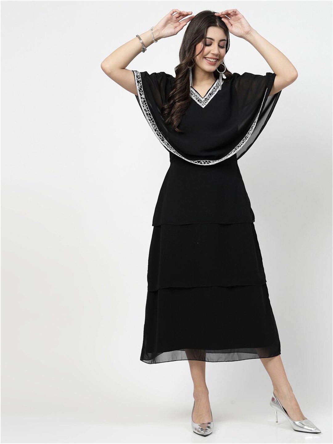 

Karmic Vision V-Neck Georgette A-Line Midi Dress, Black
