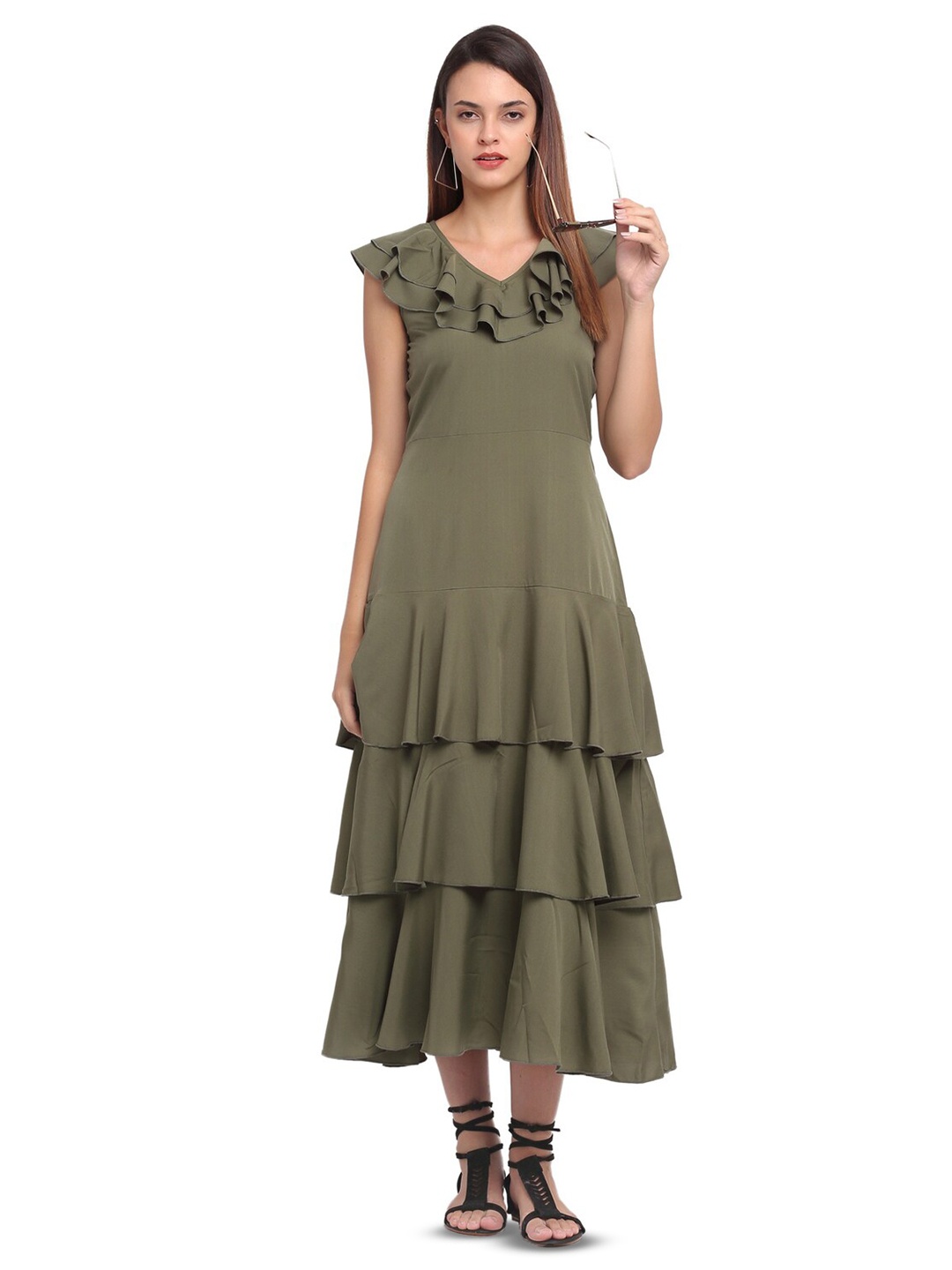 

Karmic Vision Ruffle V-Neck Georgette Fit And Flare Maxi Dress, Olive