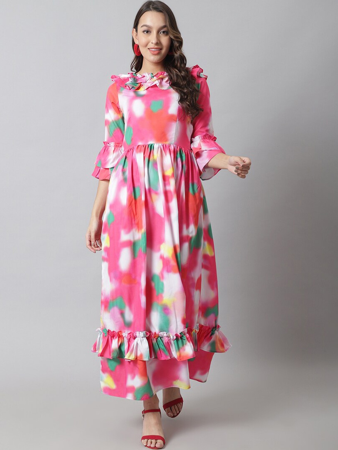 

Karmic Vision Abstract Printed Flared Sleeves Ruffles Georgette Maxi Dress, Pink