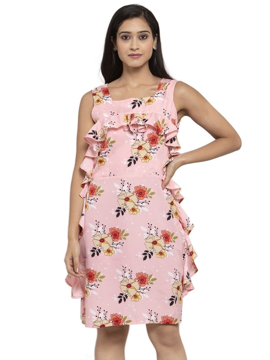 

Karmic Vision Floral Printed Sleeveless Georgette Sheath Dress, Pink