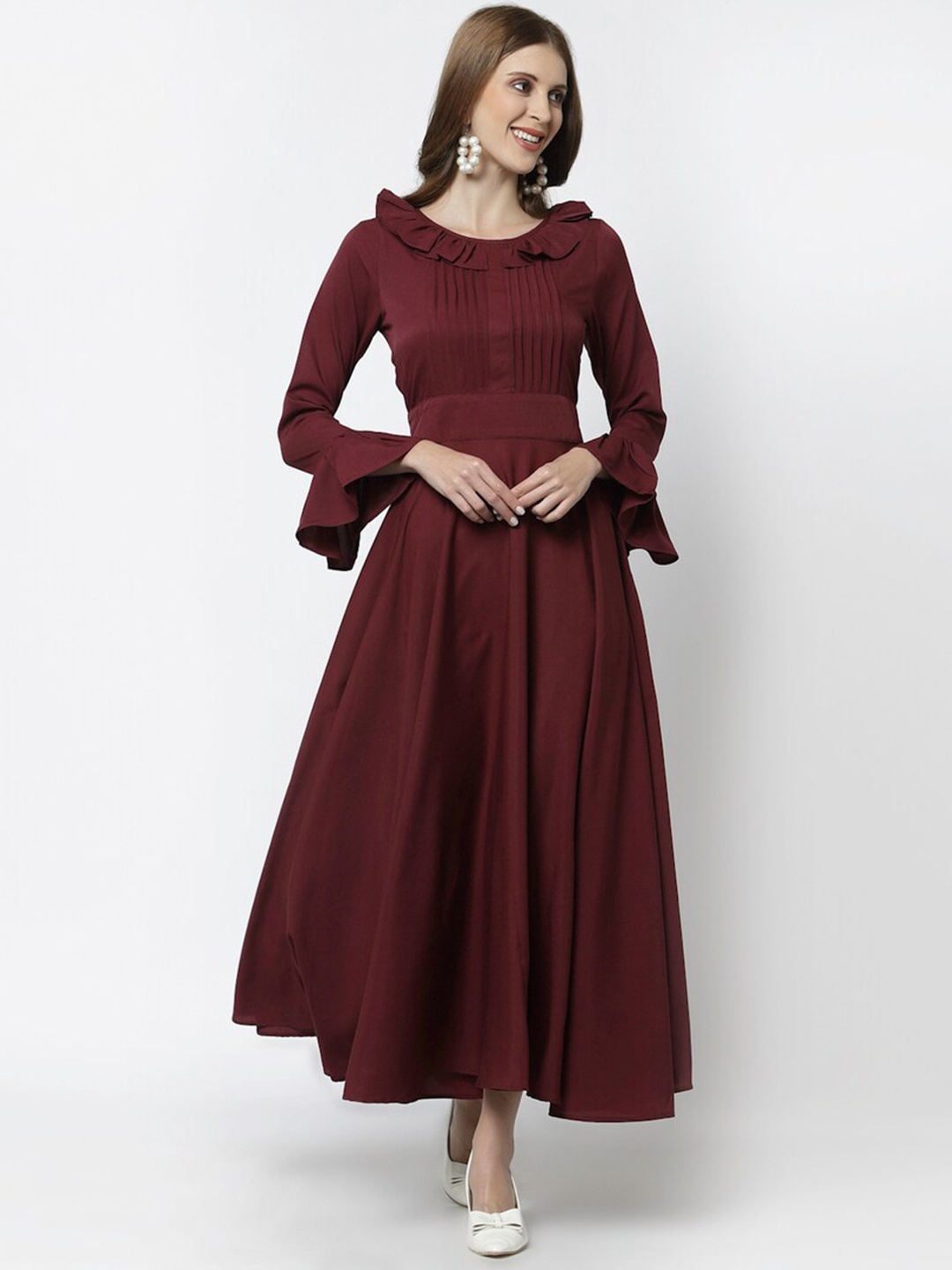 

Karmic Vision Bell Sleeve Ruffle Pleated Georgette Fit And Flare Maxi Dress, Maroon