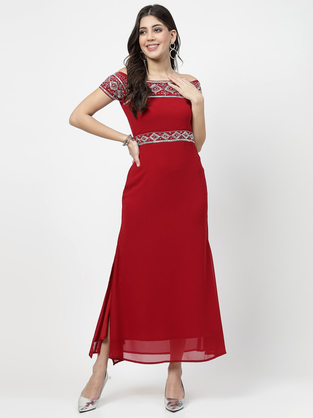 

Karmic Vision Off Shoulder Georgette Maxi Dress, Red