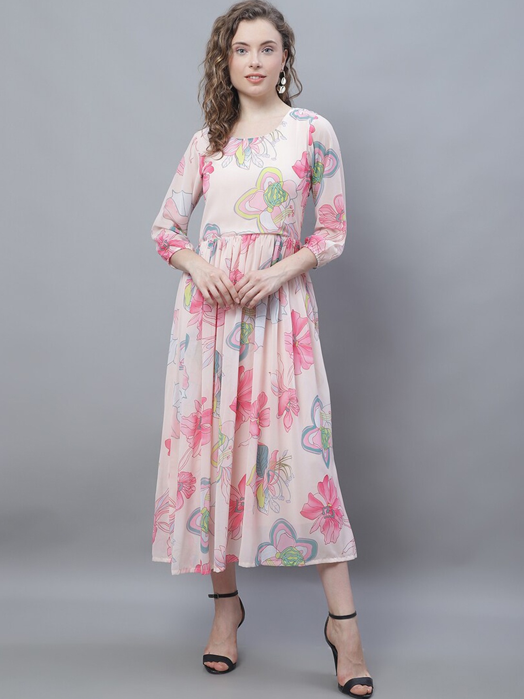 

Karmic Vision Floral Printed Georgette Fit & Flare Midi Dress, White