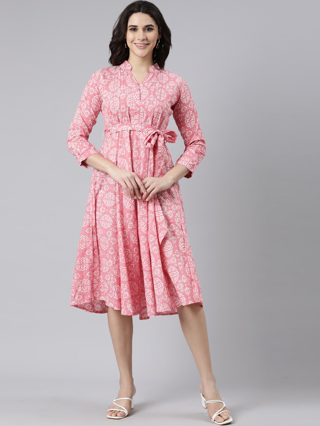 

Souchii Ethnic Motifs Printed Cotton A Line Dresses With Belt, Pink