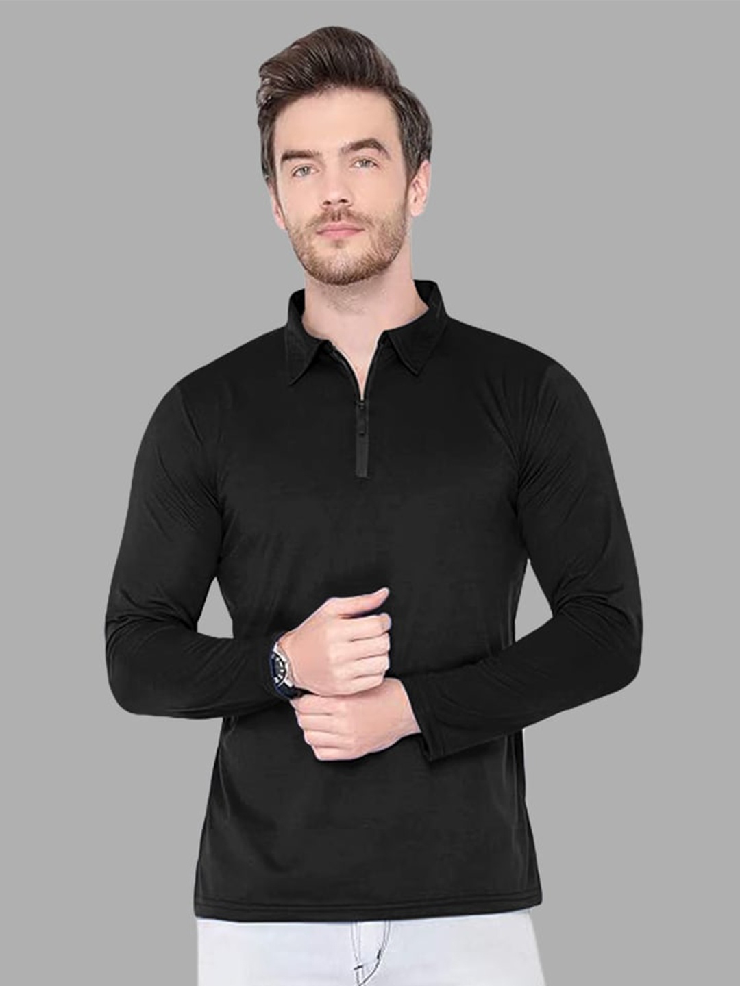 

Eyebogler Cotton High Neck Long Sleeves Pockets Casual T-shirt, Black