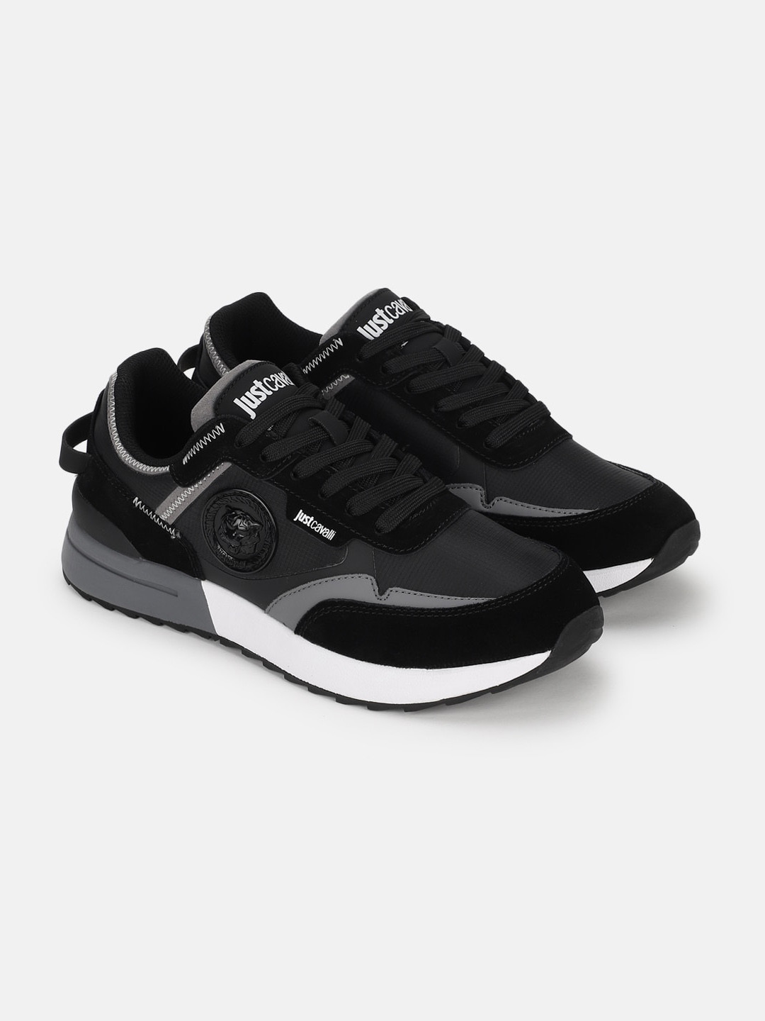 

Just Cavalli Men Lace Up Leather Sneakers, Black
