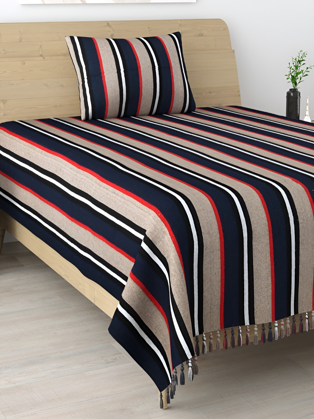 

Aura Grey & Navy Blue Striped Cotton 104 TC Single Bedsheet With 1 Pillow Cover