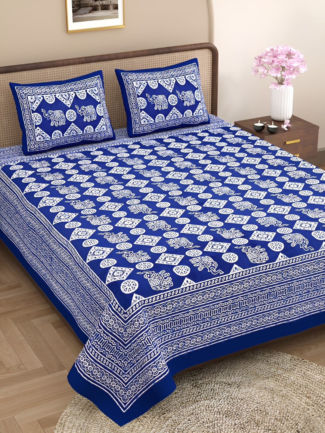 

Aura Blue & White Ethnic Motifs Cotton 144 TC Queen Bedsheet With 2 Pillow Cover