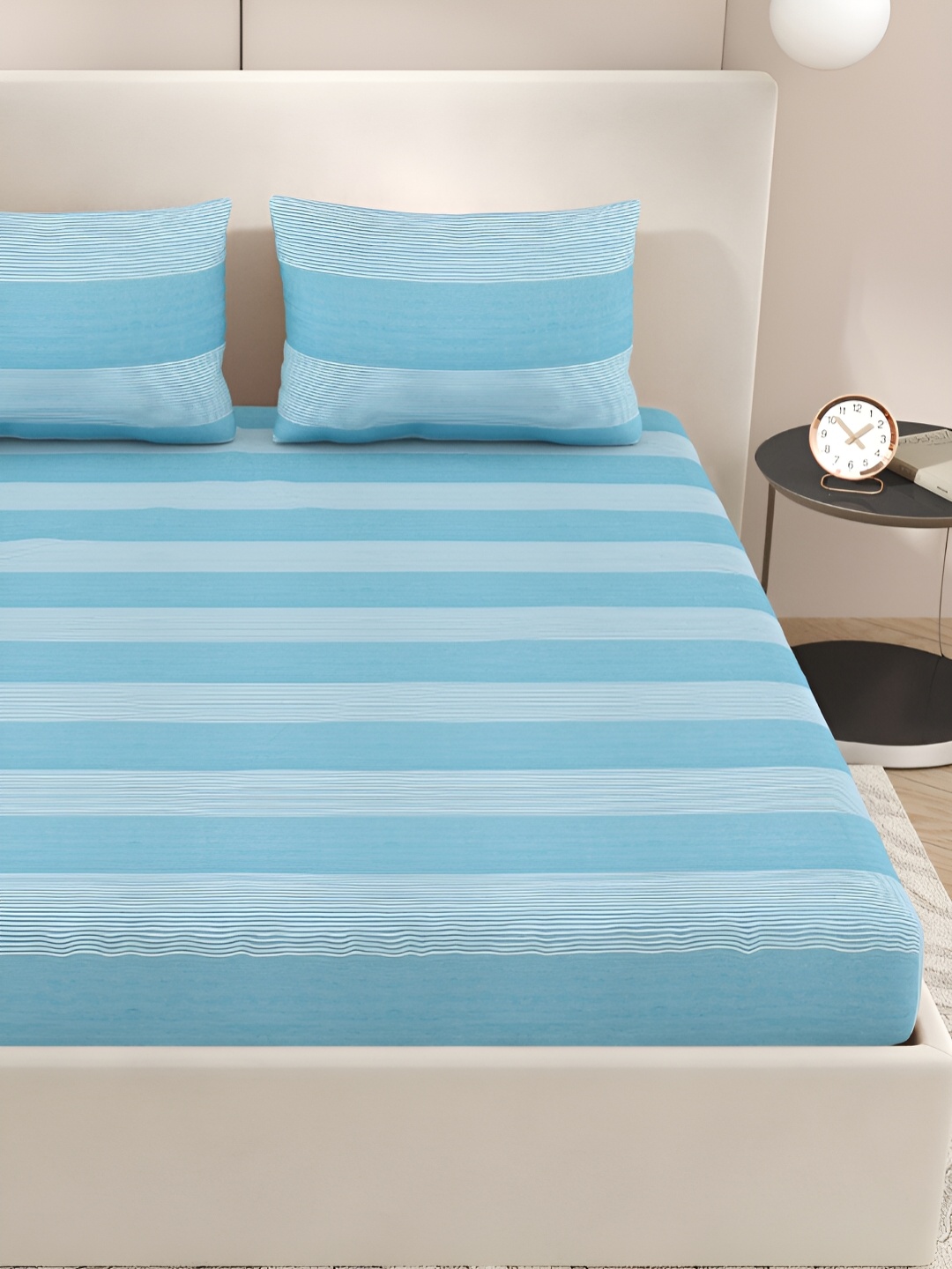 

Aura Blue & White Striped Cotton 144 TC Queen Bedsheet With 2 Pillow Covers