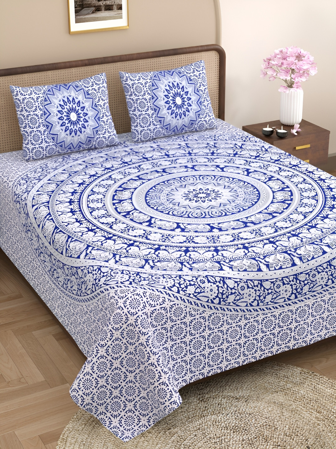 

Aura Blue & White Ethnic Motifs 144 TC Cotton Queen Bedsheet with 2 Pillow Covers