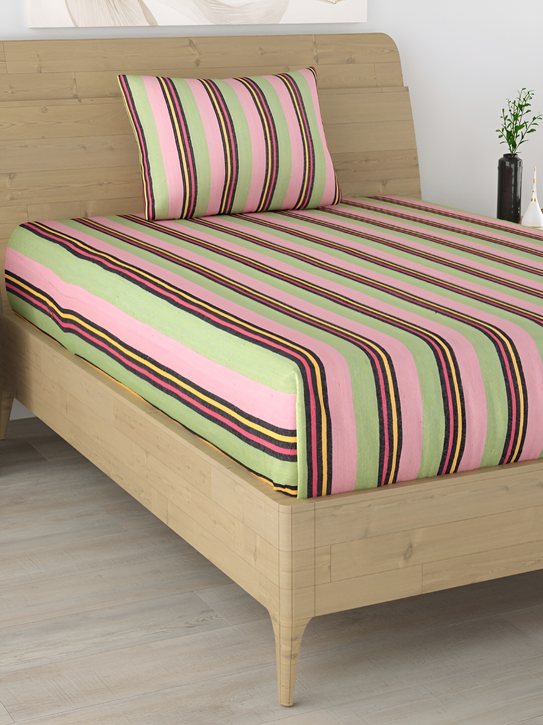 

Aura Pink & Green Striped 104 TC Cotton Single Bedsheet with 1 Pillow Covers