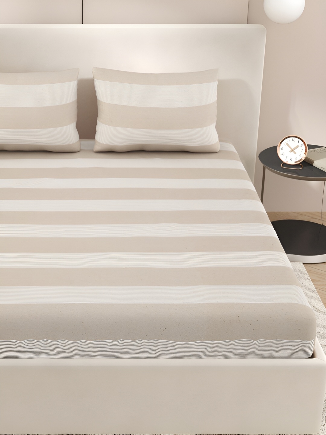 

Aura Cream-Coloured & White Striped 144 TC Cotton Queen Bedsheet with 2 Pillow Covers