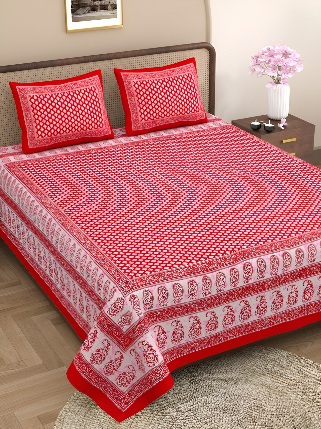 

Aura Red & White Ethnic Motifs Cotton 144 TC Queen Bedsheet with 2 Pillow Covers