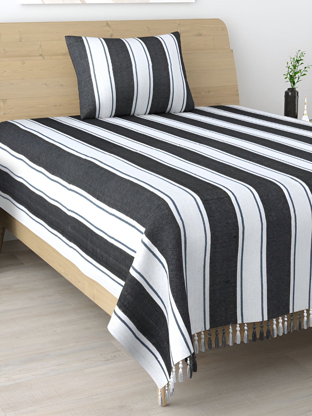 

Aura Grey & Blue Striped 104 TC Cotton Single Bedsheet with 1 Pillow Cover