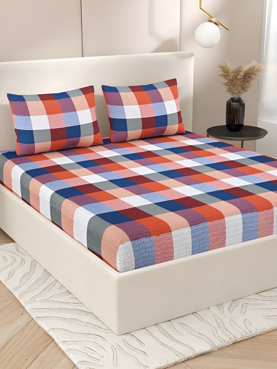 

Aura Blue & Orange Geometric Cotton 144 TC Queen Bedsheet with 2 Pillow Covers