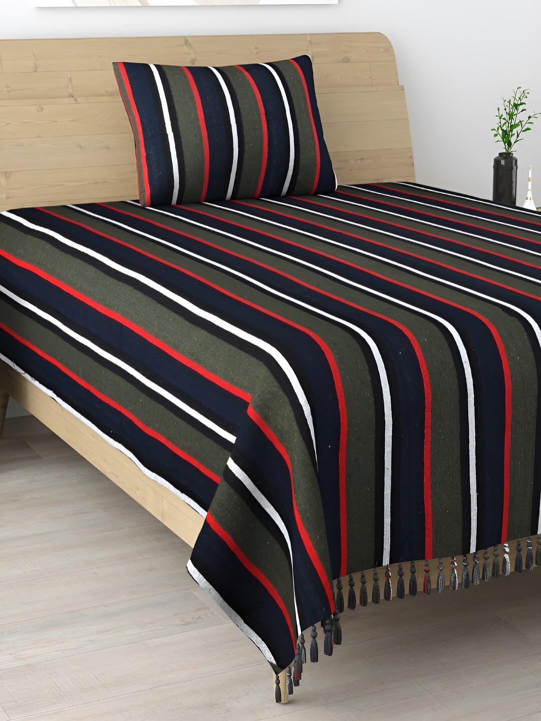 

Aura Grey & White Striped 104 TC Cotton Single Bedsheet with 1 Pillow Cover