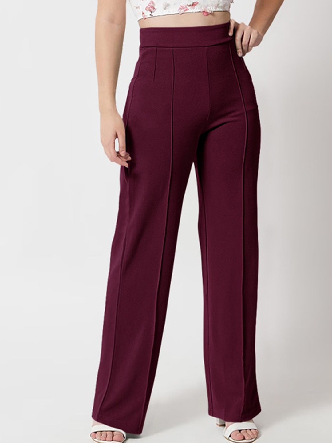 

Eyebogler Women Regular Fit High-Rise Plain Parallel Trouser, Maroon