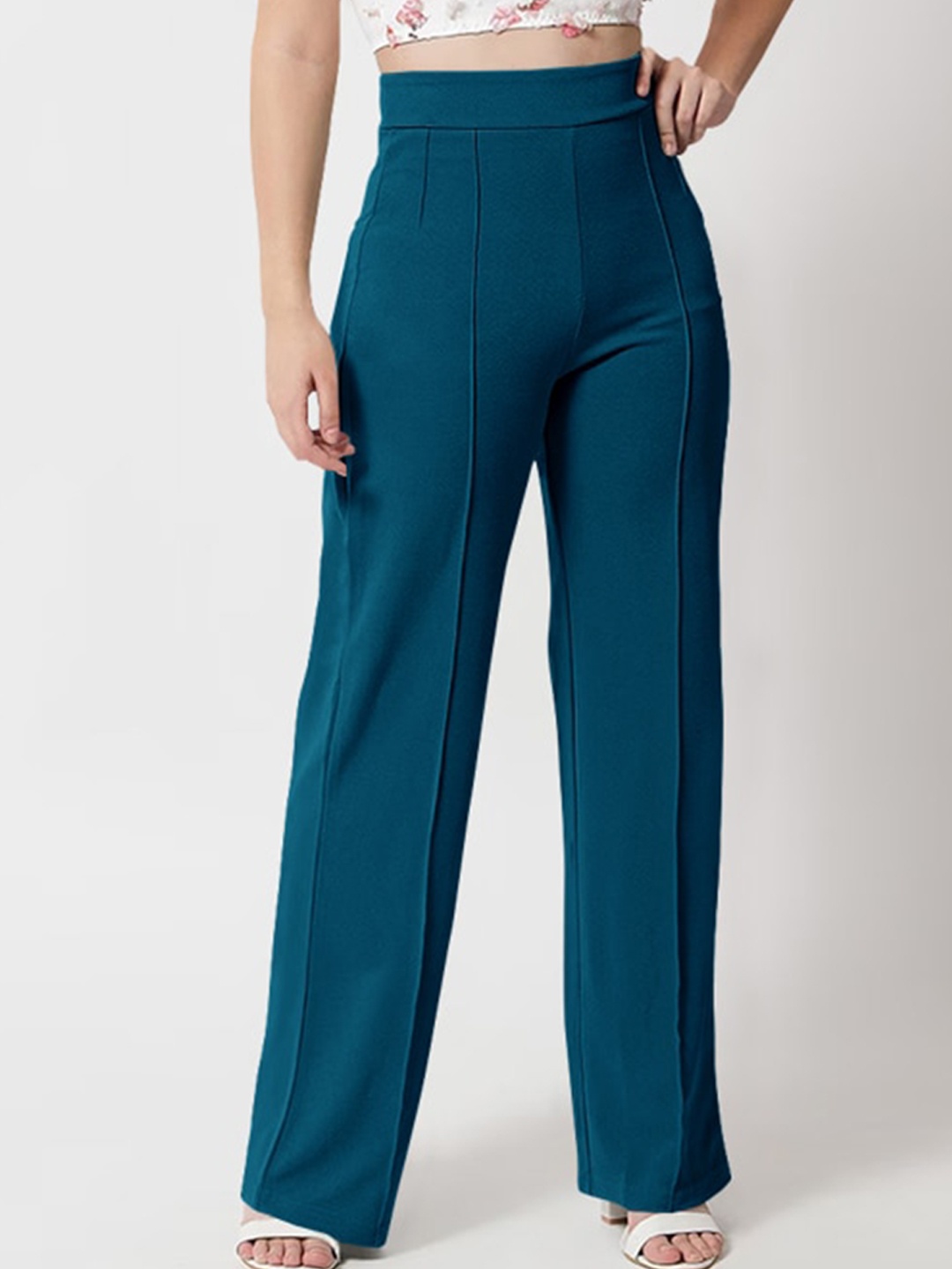 

Eyebogler Women Regular Fit High-Rise Plain Parallel Trouser, Teal