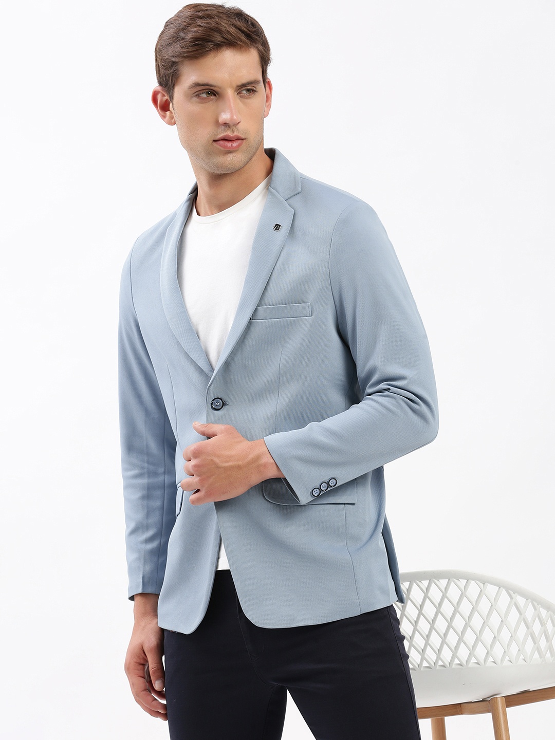 

SHOWOFF Slim-Fit Notched Lapel Dobby Single Breasted Blazer, Blue