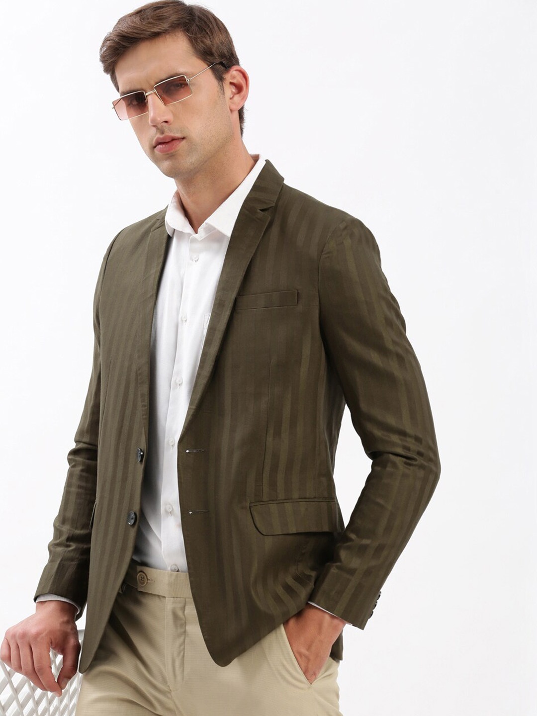 

SHOWOFF Striped Slim Fit Notched Lapel Single-Breasted Casual Blazer, Olive