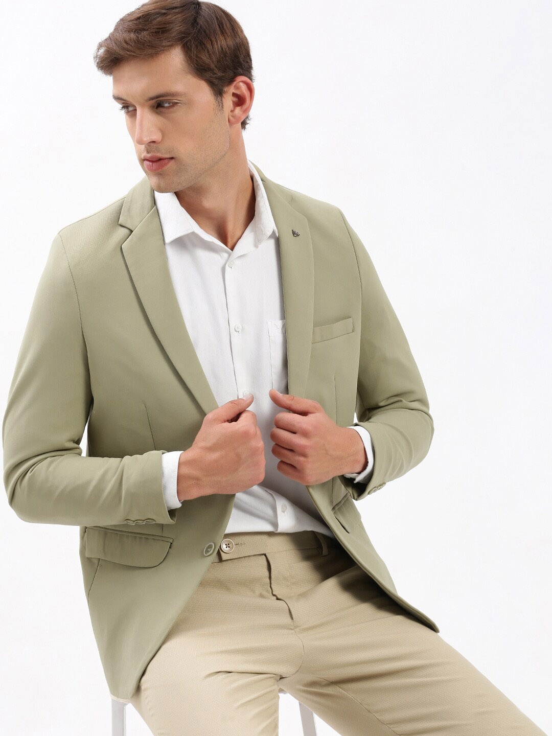 

SHOWOFF Slim-Fit Notched Lapel Chambray Single Breasted Blazer, Khaki