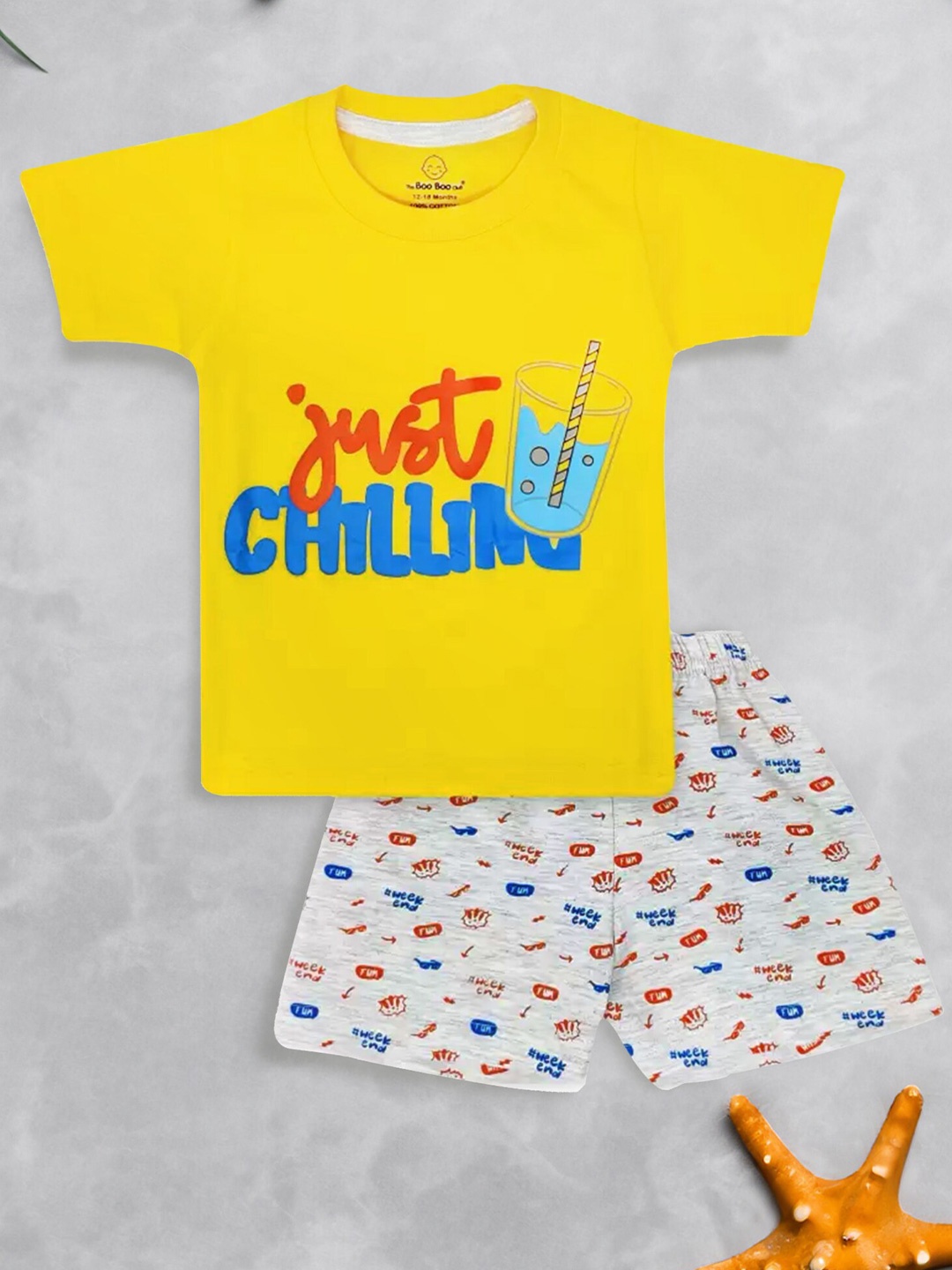 

The Boo Boo Club Boys Printed Pure Cotton T-shirt With Shorts, Yellow