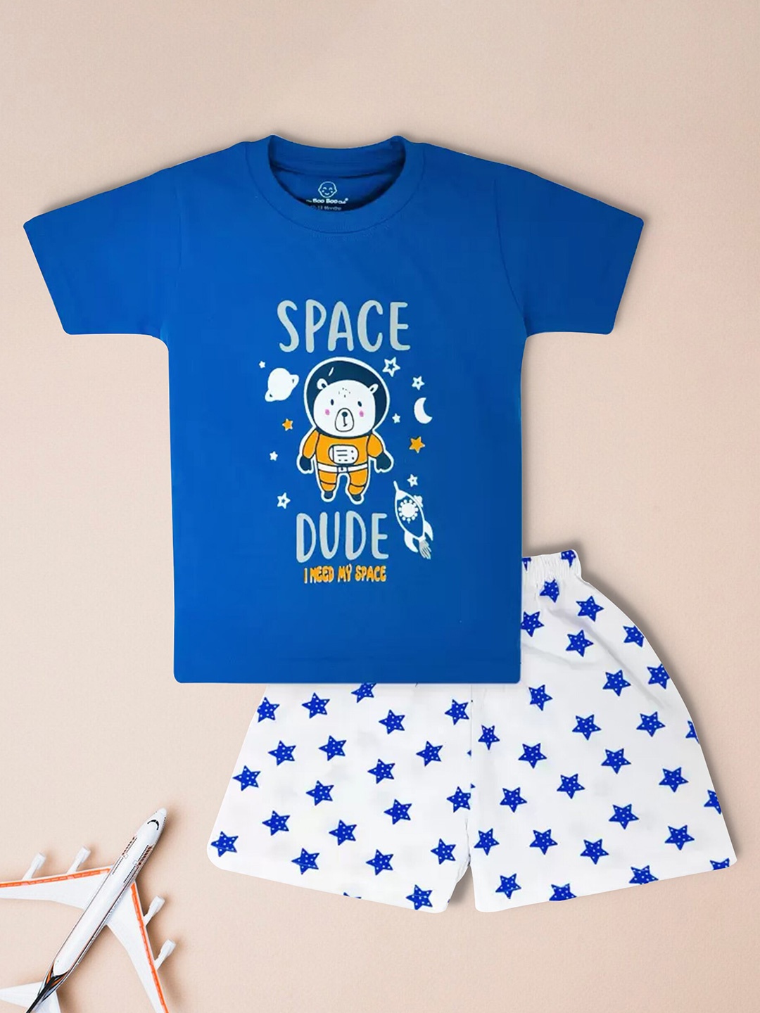 

The Boo Boo Club Boys Printed Pure Cotton T-shirt With Shorts, Blue