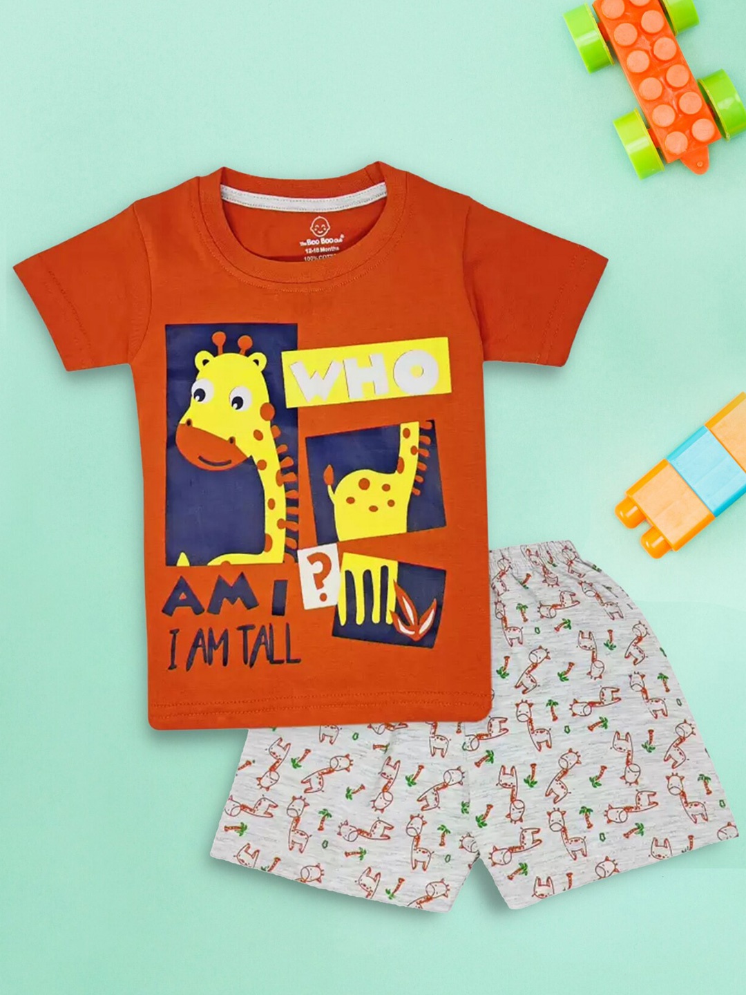 

The Boo Boo Club Boys Printed Pure Cotton T-shirt With Shorts, Orange