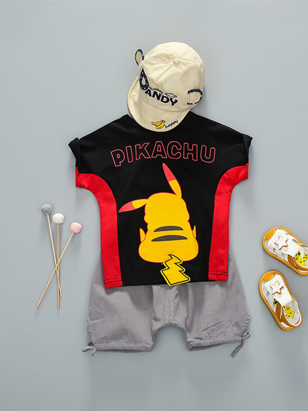 

INCLUD Boys Pikachu Printed T-shirt with Shorts, Black