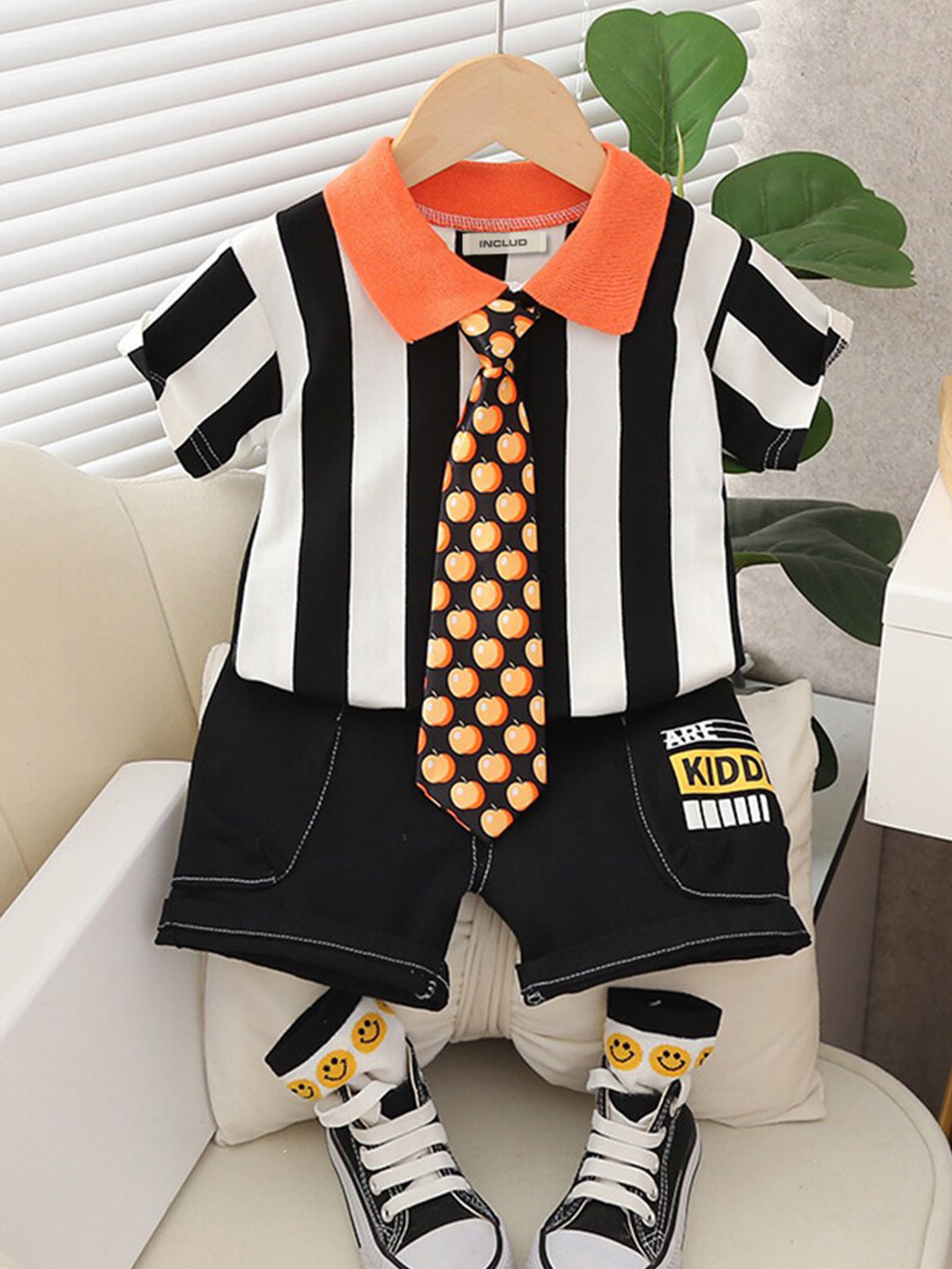

INCLUD Boys Striped Polo Collar T-shirt With Shorts, Orange