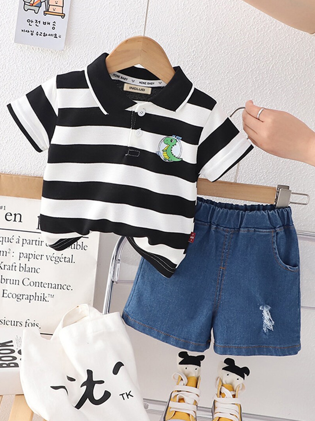 

INCLUD Infant Boys Striped T-shirt with Denim Shorts, Black
