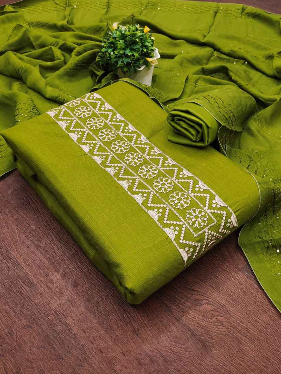 

faxofab Embroidered Unstitched Dress Material, Sea green