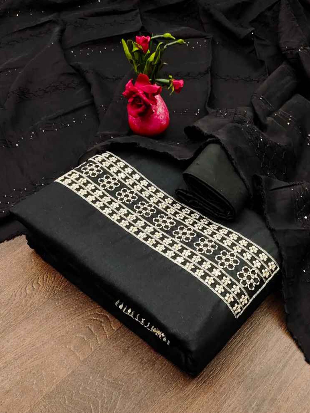 

faxofab Ethnic Motifs Embroidered Unstitched Dress Material, Black