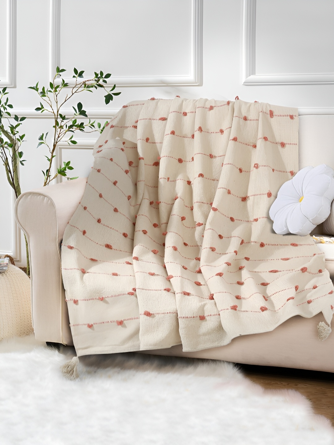 

eyda Cream Coloured & Orange Woven Design Cotton Throw