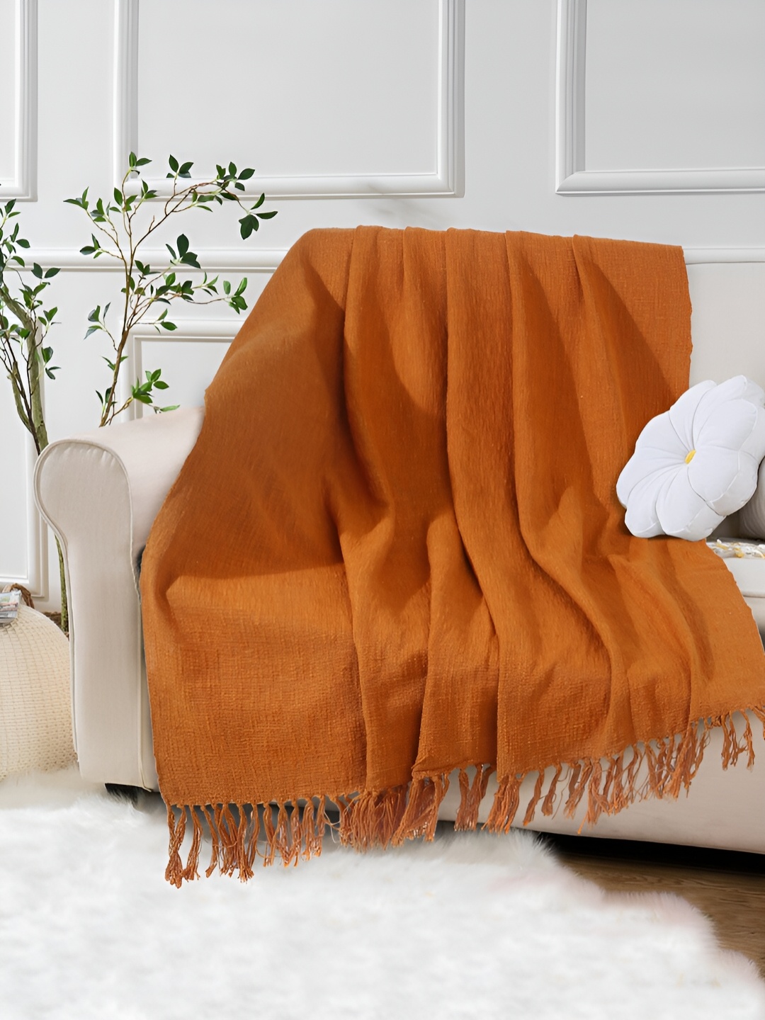 

eyda Rust Woven Design Cotton Sofa Throw Blanket