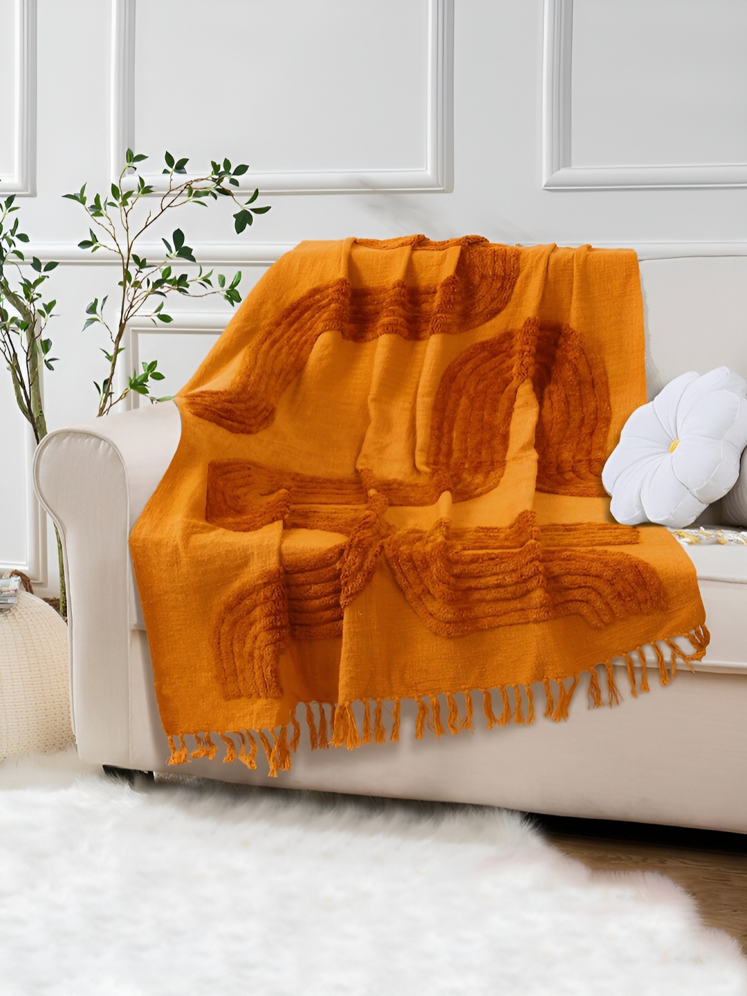 

eyda Orange Tufted Cotton Throw Blanket