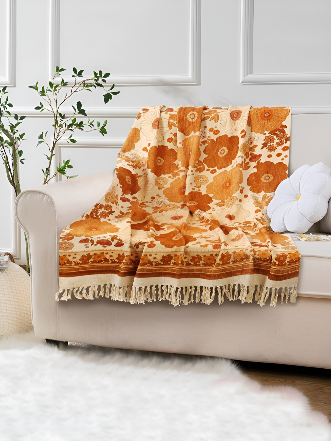 

eyda Orange Printed Cotton Couch Throw Blanket, Cream