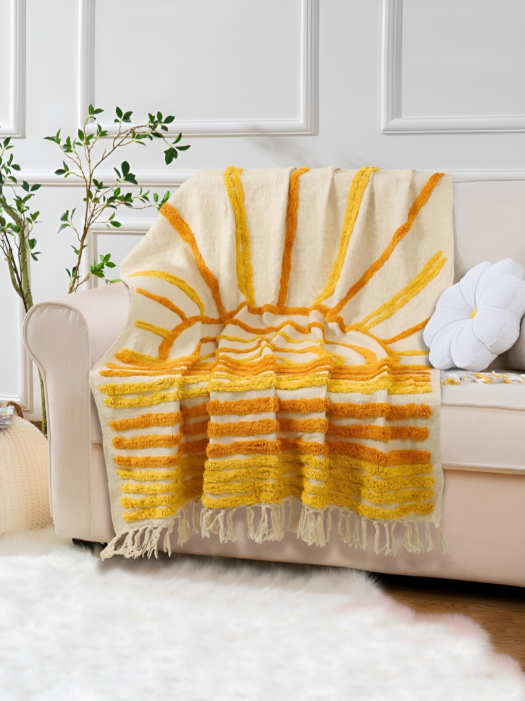 

eyda Cream & Yellow Tufted Cotton Throw Blanket