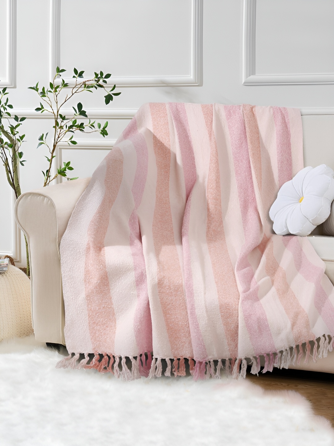 

eyda Pink Striped Cotton Couch Throw Blanket