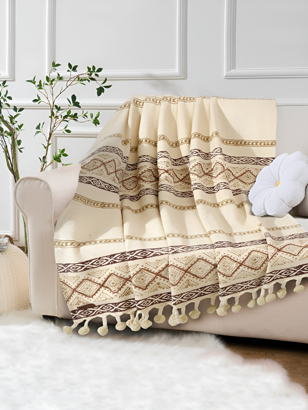 

eyda Beige Block Printed Cotton Throw