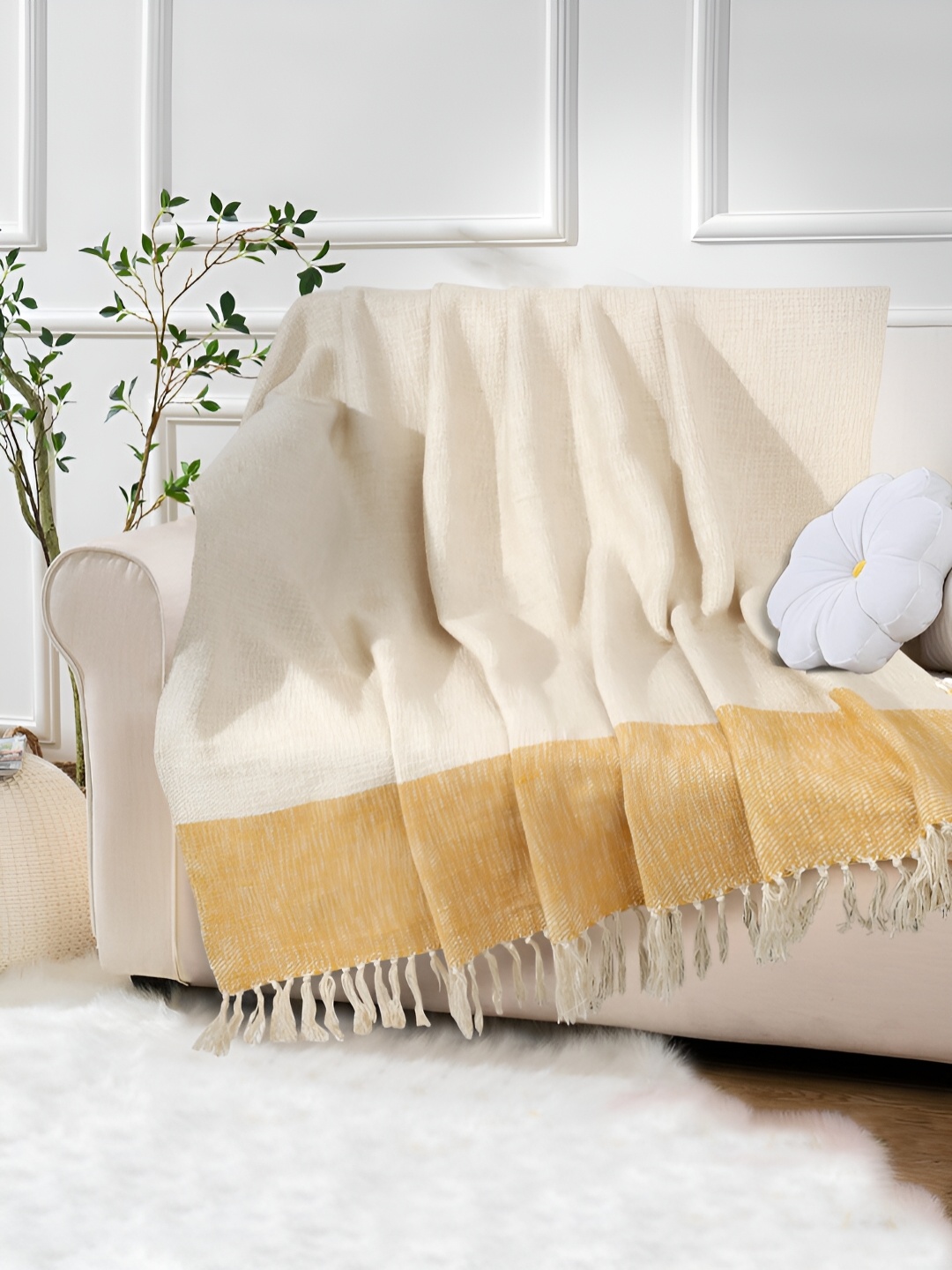 

eyda Cream Printed Cotton Couch Throw Blanket