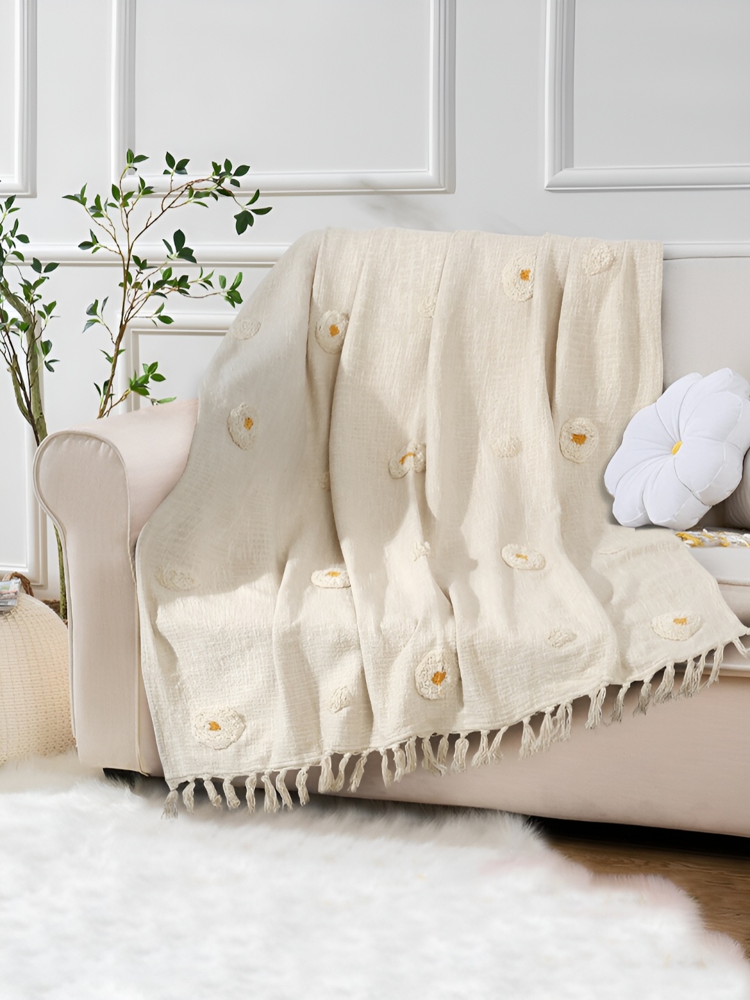 

eyda Cream Coloured Pom Pom tufted Sofa Throw