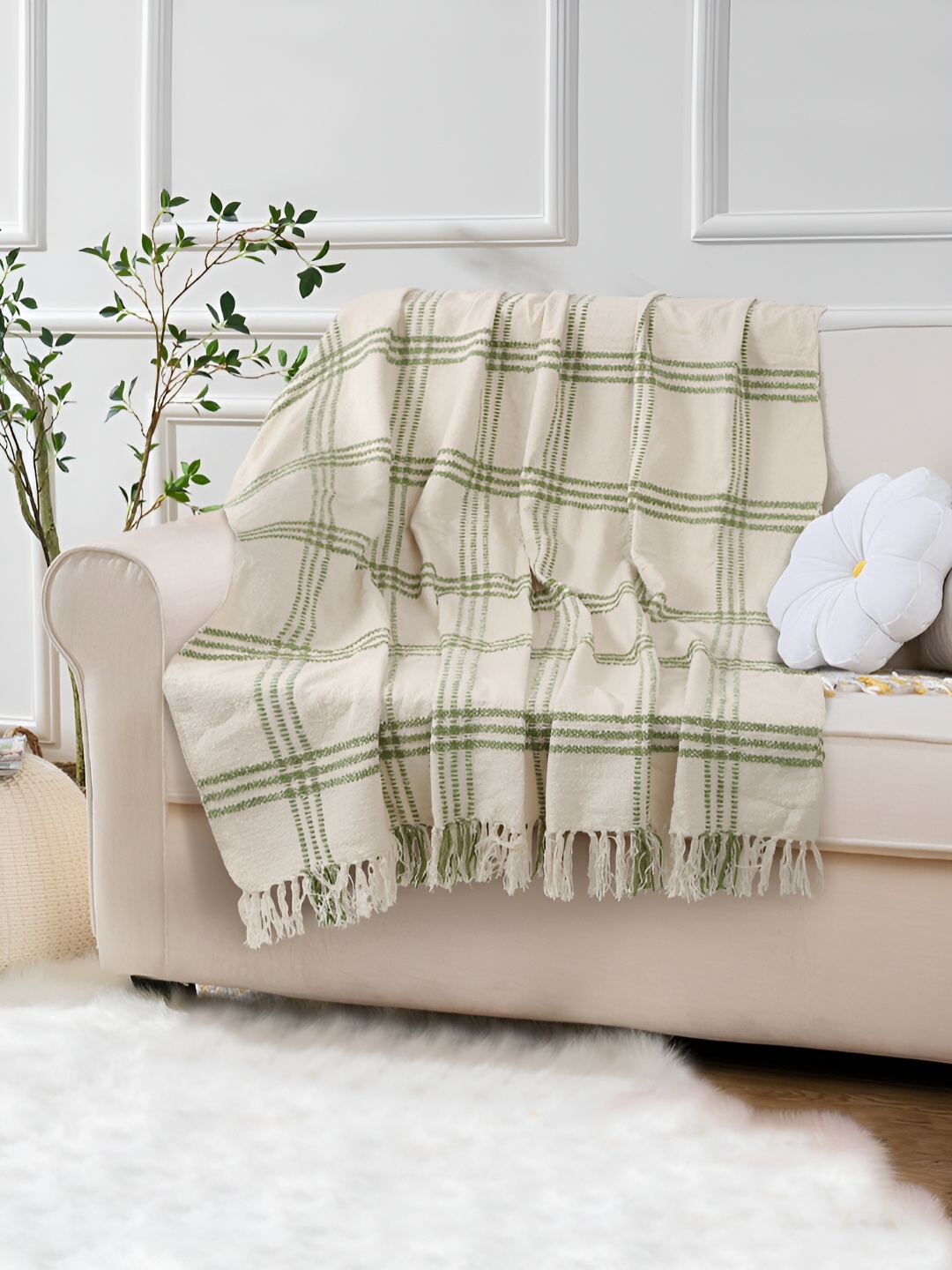 

eyda Cream Coloured Hand Woven Cotton Sofa Throw Blanket