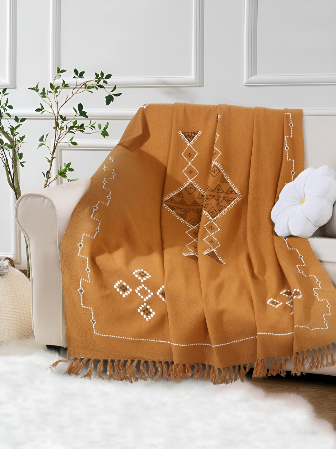 

eyda Rust Embroidered Cotton Throw Blanket