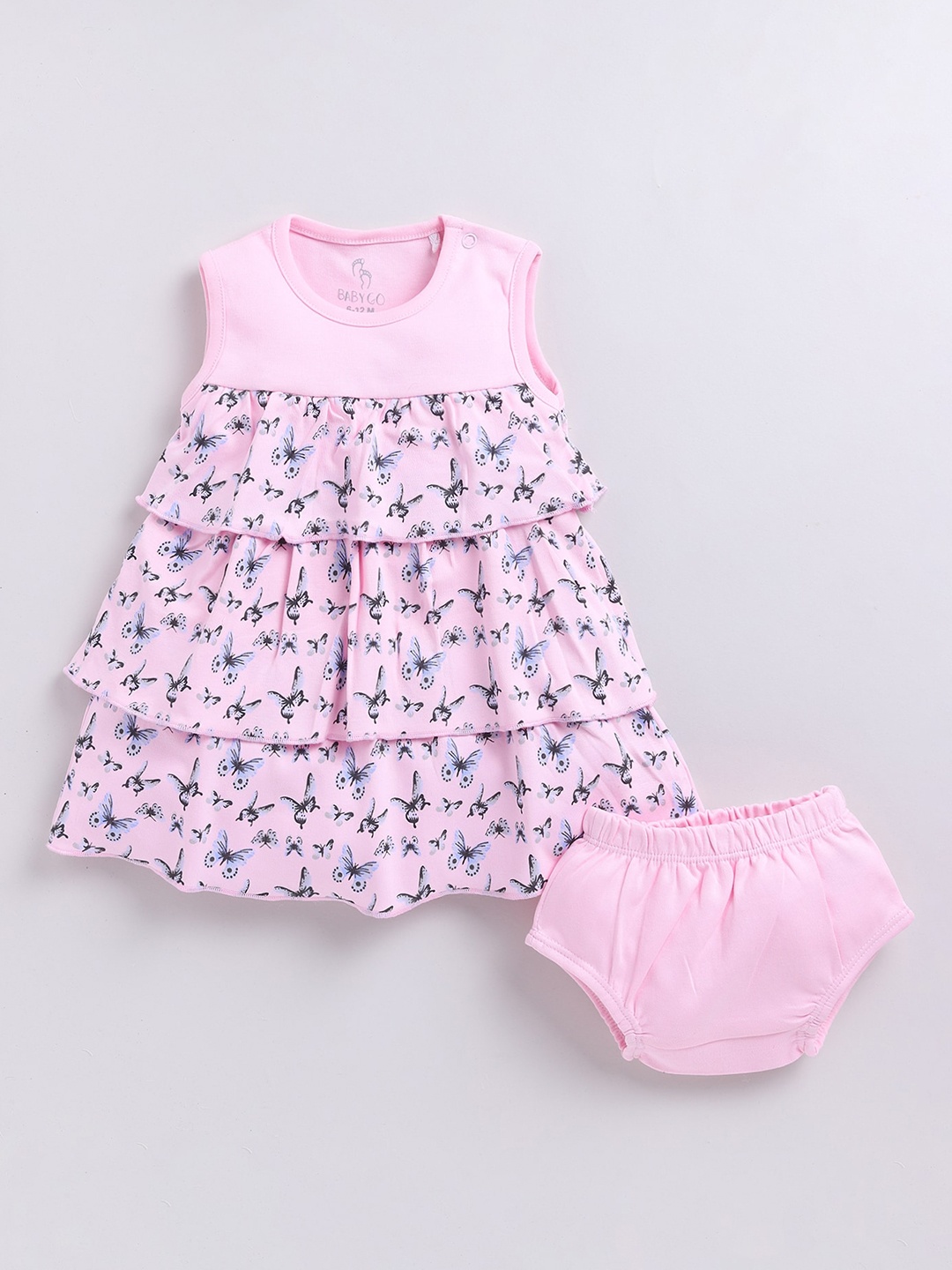 

BABY GO Girls Print Cotton Round Neck Sleeveless Fit & Flare Dress With Brief, Pink