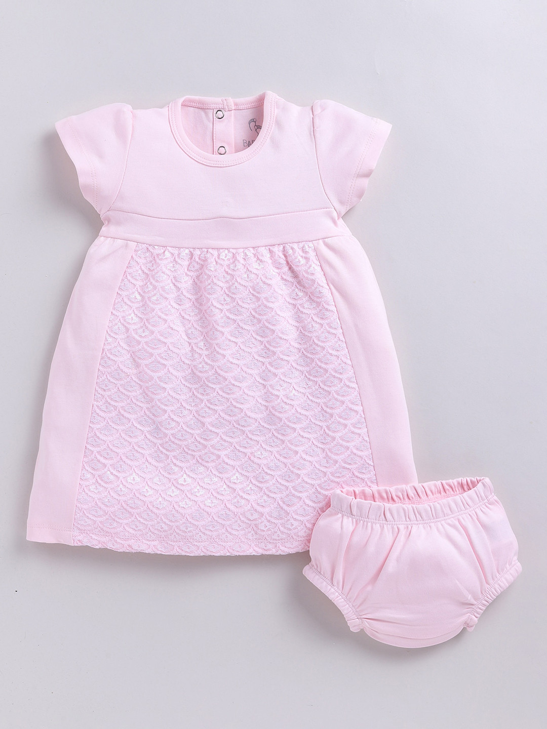 

BABY GO Girls Self Design Cotton Round Neck Cap Sleeves Fit & Flare Dress With Brief, Peach