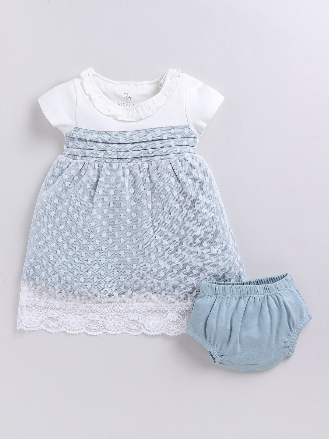 

BABY GO Girls Self Design Print Cotton Round Neck Cap Sleeves Fit & Flare Dress With Brief, Blue