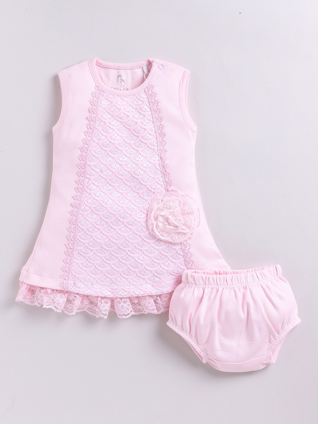 

BABY GO Girls Self Design Cotton Round Neck Sleeveless A-Line Dress With Brief, Peach