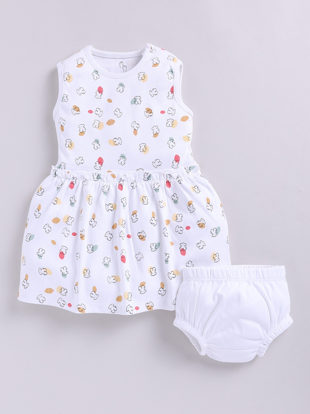

BABY GO Girls Print Cotton Round Neck Sleeveless Fit & Flare Dress With Brief, White